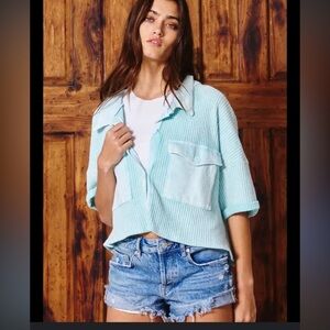 BUCKETLIST Aqua Waffle Knit Cropped Jacket